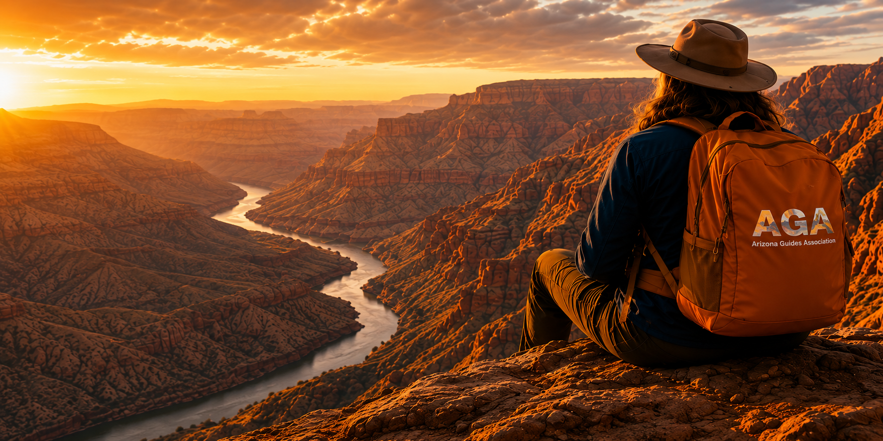 Arizona guide with an AGA backpack overlooking a canyon at sunrise