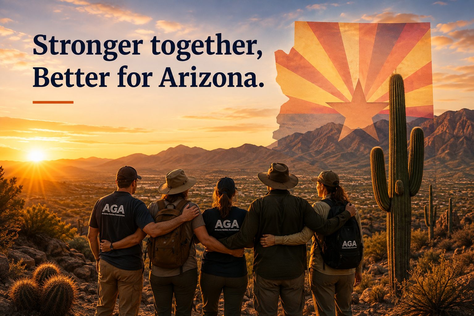 Stronger together, Better for Arizona. AGA guides standing together in an Arizona desert landscape at sunset